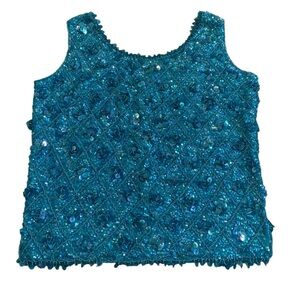 Vintage 60s Hetty Bradley Sequin Aqua Blue Sleeveless Top Blouse Hong Kong 40